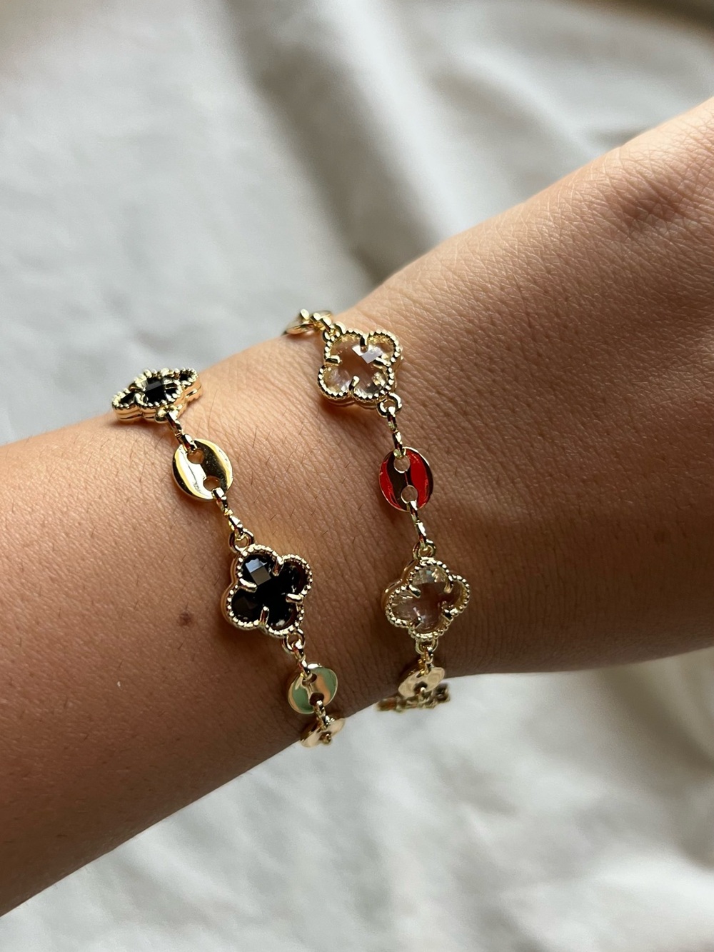 Gold Clover Link Bracelet with Black and Cream Accents